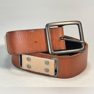 Gap Men's Brown Cow Leather With Beige Cotton Trim Block Belt Sz 36 Japan Style